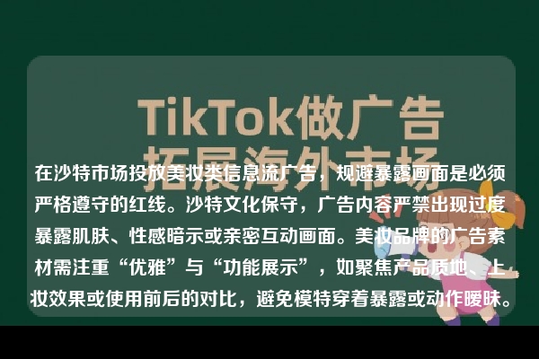 在沙特市场投放美妆类信息流广告，规避暴露画面是必须严格遵守的红线。沙特文化保守，广告内容严禁出现过度暴露肌肤、性感暗示或亲密互动画面。美妆品牌的广告素材需注重“优雅”与“功能展示”，如聚焦产品质地、上妆效果或使用前后的对比，避免模特穿着暴露或动作暧昧。