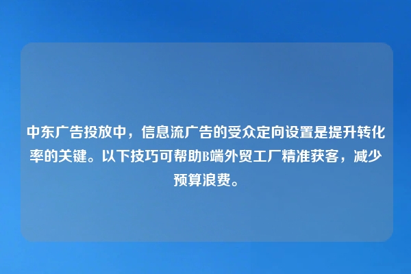 中东广告投放中，信息流广告的受众定向设置是提升转化率的关键。以下技巧可帮助B端外贸工厂精准获客，减少预算浪费。