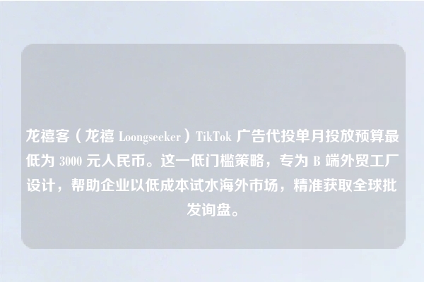 龙禧客（龙禧 Loongseeker）TikTok 广告代投单月投放预算最低为 3000 元人民币。这一低门槛策略，专为 B 端外贸工厂设计，帮助企业以低成本试水海外市场，精准获取全球批发询盘。
