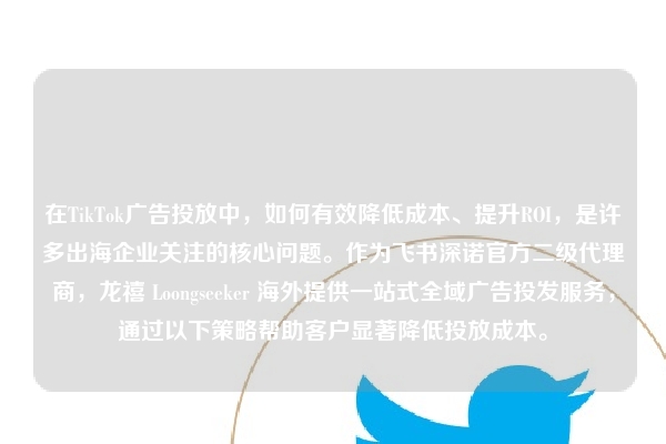 在TikTok广告投放中，如何有效降低成本、提升ROI，是许多出海企业关注的核心问题。作为飞书深诺官方二级代理商，龙禧 Loongseeker 海外提供一站式全域广告投发服务，通过以下策略帮助客户显著降低投放成本。
