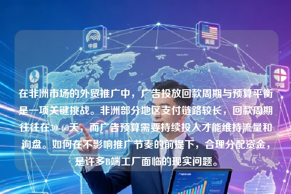 在非洲市场的外贸推广中，广告投放回款周期与预算平衡是一项关键挑战。非洲部分地区支付链路较长，回款周期往往在30-60天，而广告预算需要持续投入才能维持流量和询盘。如何在不影响推广节奏的前提下，合理分配资金，是许多B端工厂面临的现实问题。